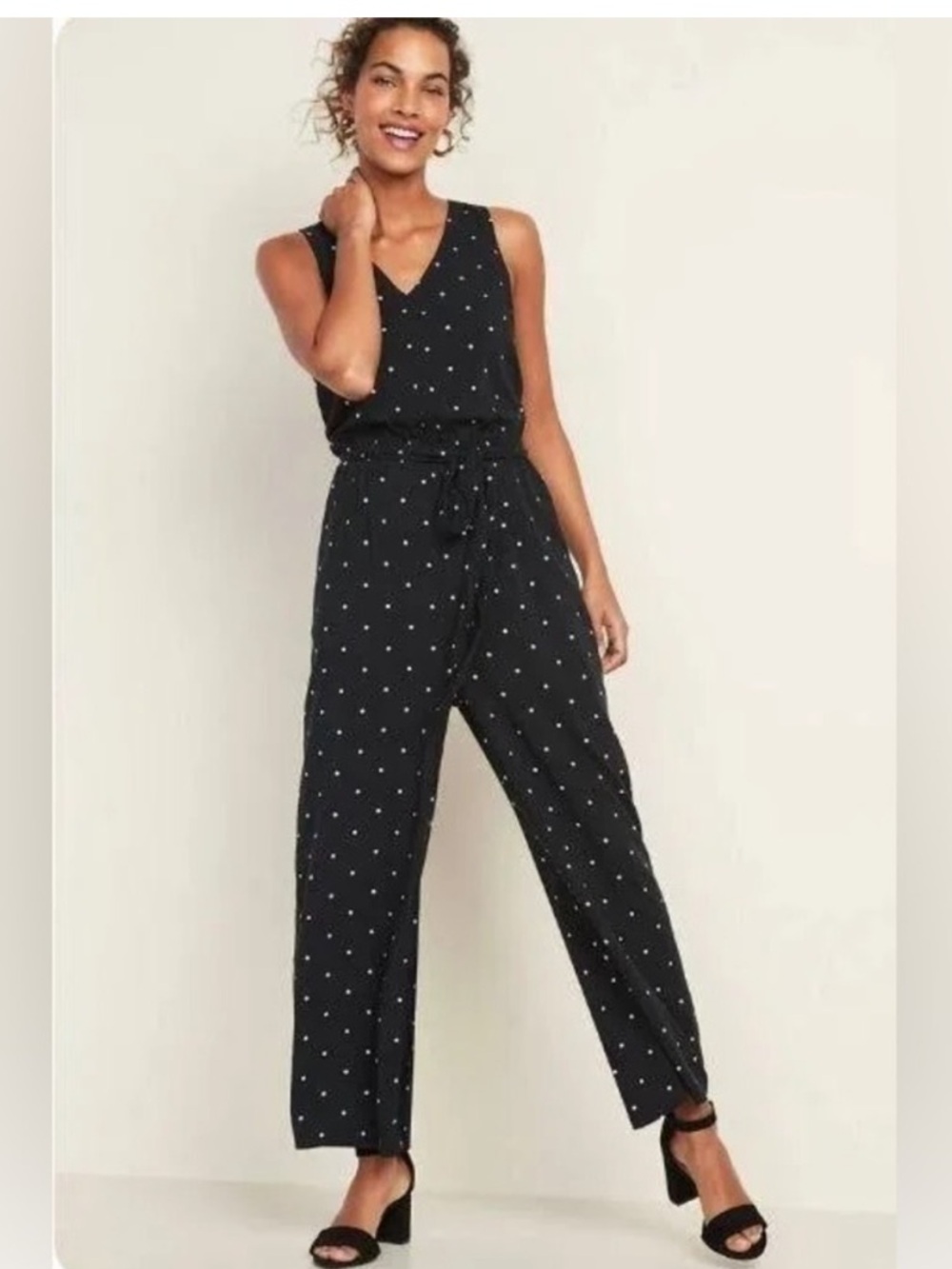 Old Navy Black and White Polka Dot Sleeveless Jumpsuit Small Tie Waist